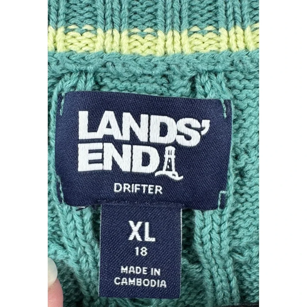 Lands' End Drifter Sweater Womens XL Blue Teal Striped Cable Knit Cotton Preppy